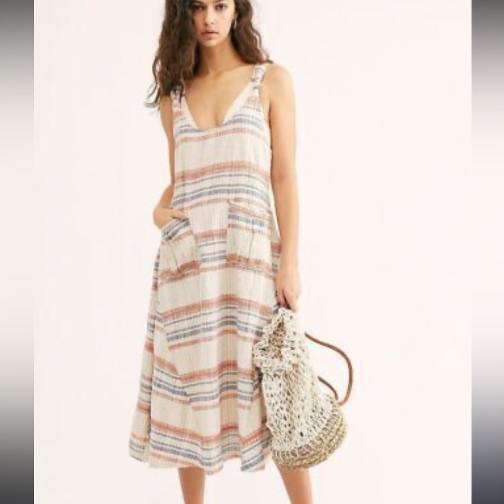 Free People Harper Striped Midi Dress Mustard Combo Size Large